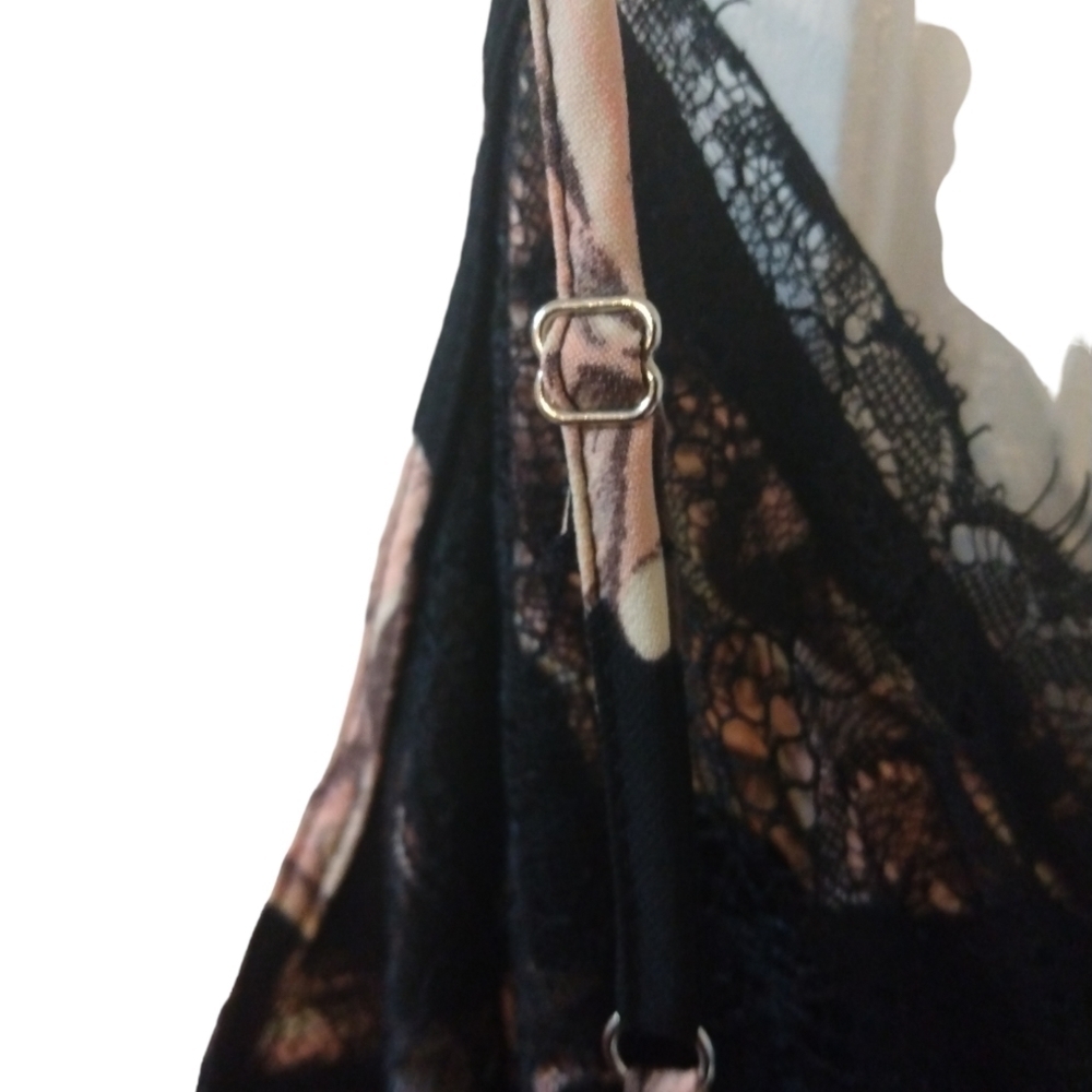 Sienna Sky Black Cream Floral Spaghetti String with Lace Midi Sexy Slip Dress L - Picture 5 of 16